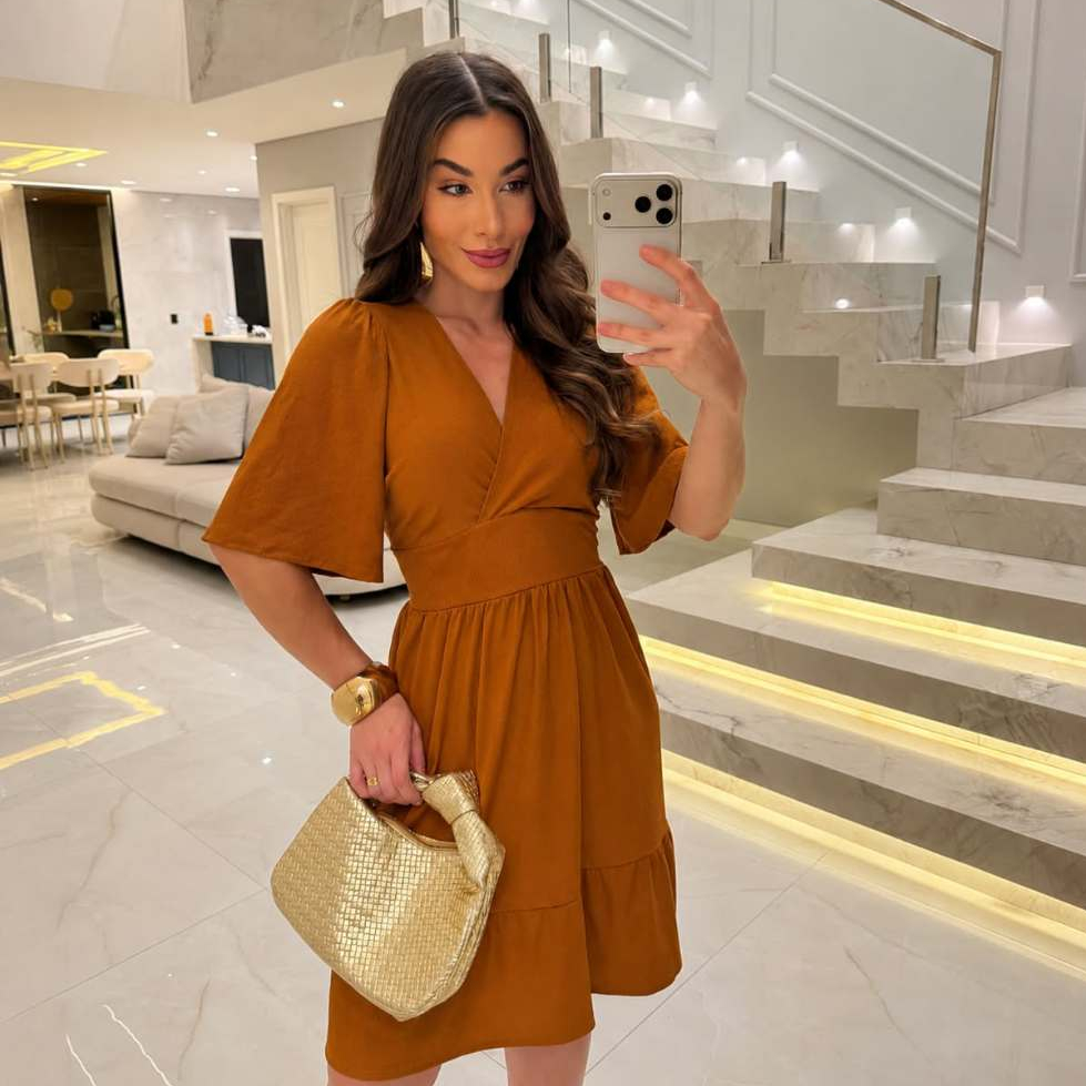 Vestido Feminino Curto Malha Crepe Manga Ampla Decote V Cintura Marcada Elegante Casual Moda Feminina