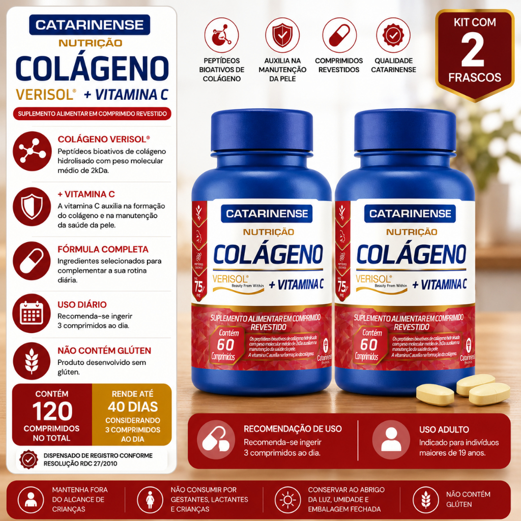 Kit 2 Colágeno Verisol Vitamina C Catarinense 60 comprimidos