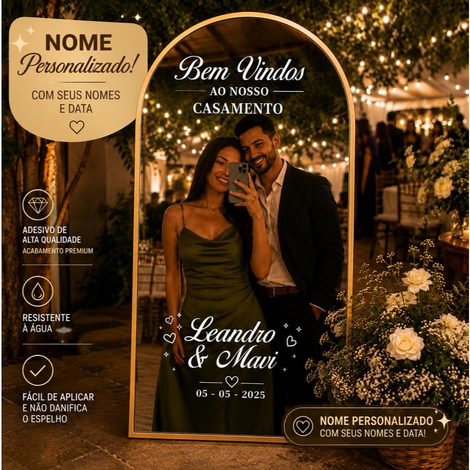 Adesivo Para Espelho Decorativo Casamento Personalizado com Nome e Data