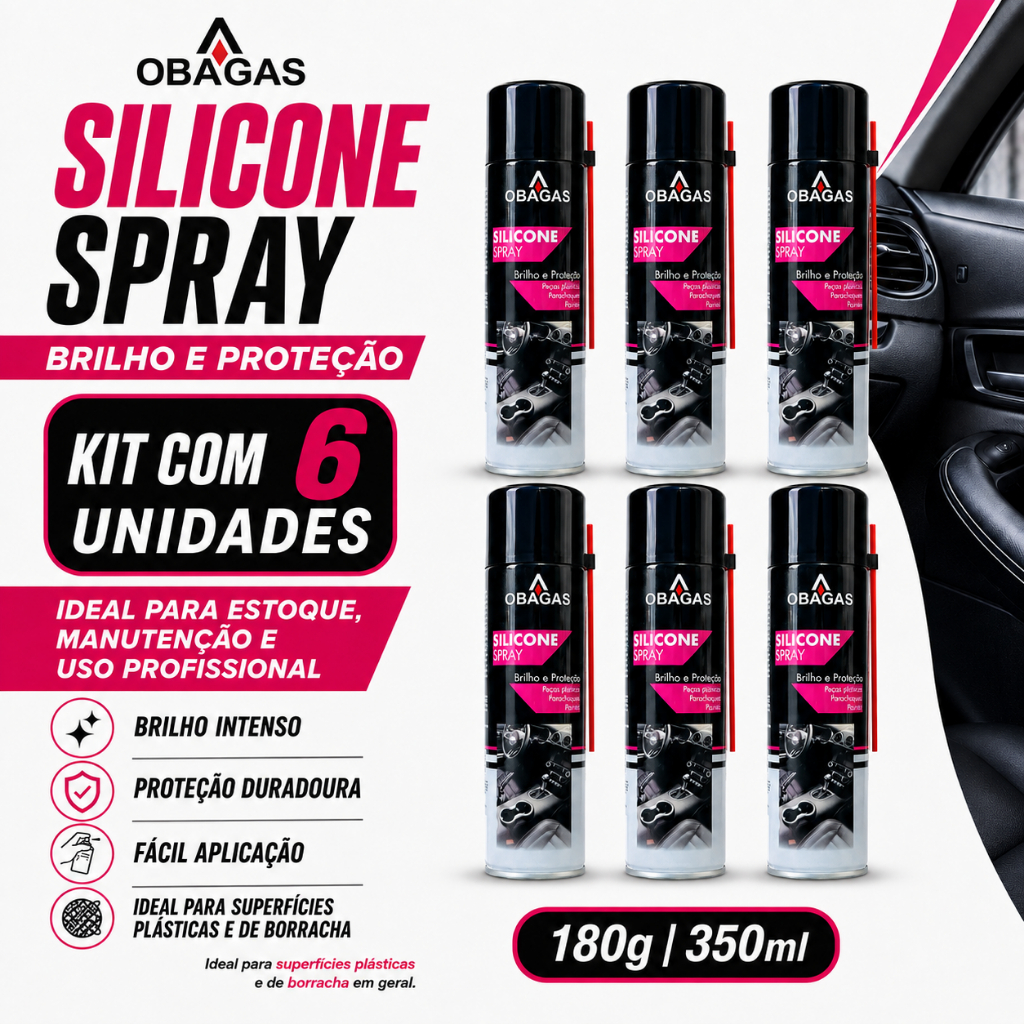 KIT 6 Silicone em Spray ObaGas 180g 350ml – Brilho e Proteção para Plásticos e Painéis