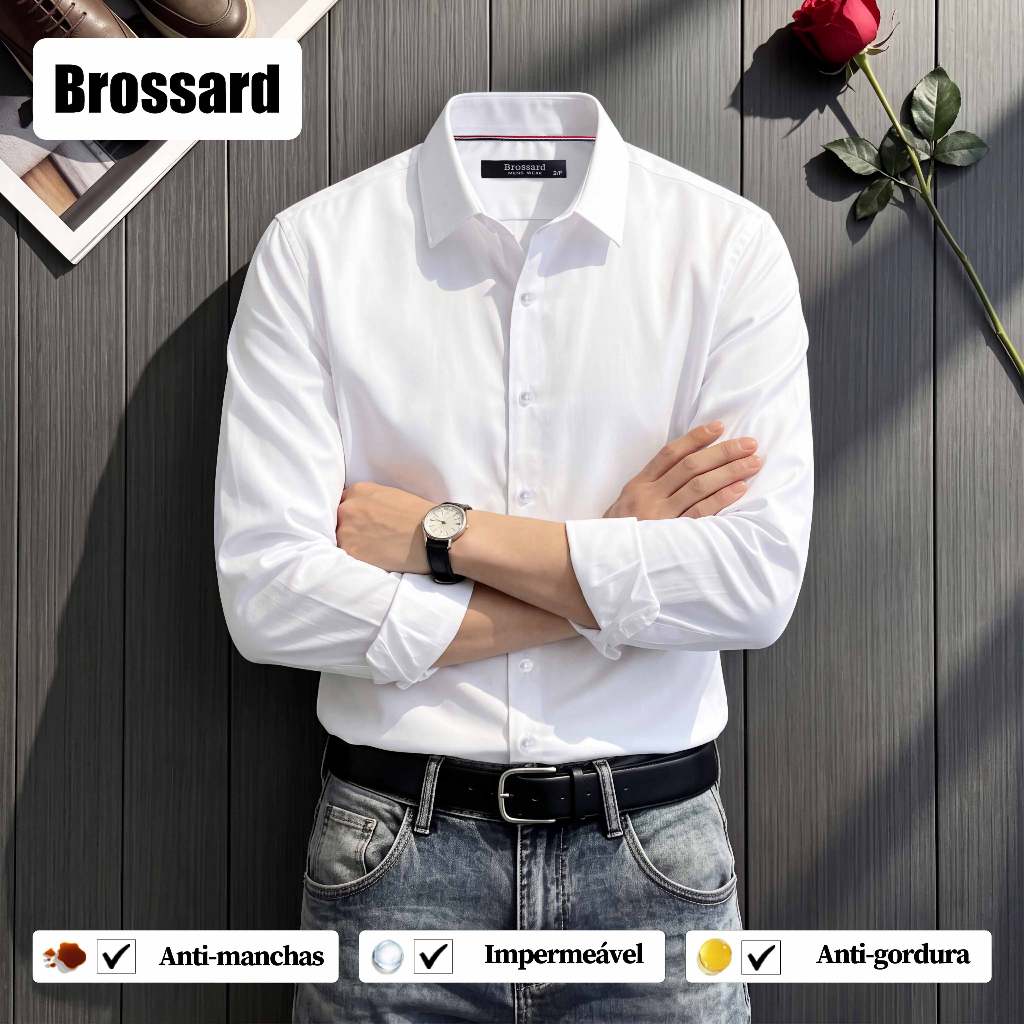 Camisa Social Masculina Manga Longa Fibra de Bambu Não Amassa Impermeável, Para Calça Social e Jeans