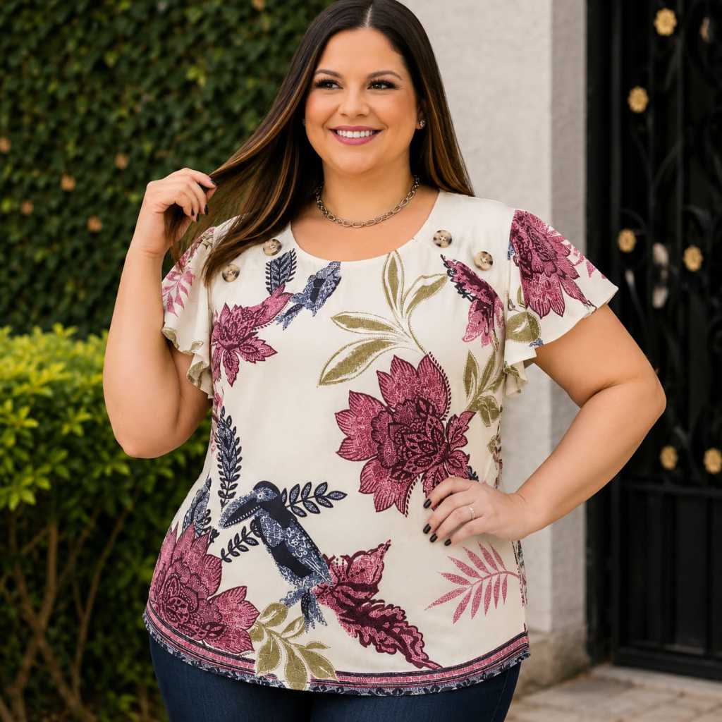 Blusa Feminina Plus Size Estampada em Viscolinho –Manga Curta Soltinha com Botões Decorativos no ombro (GG G1 G2 e G3)