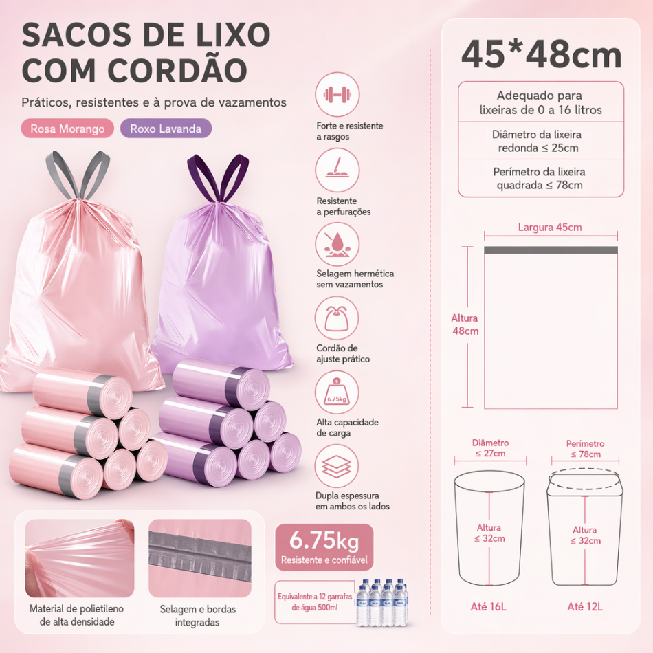 Saco de Lixo Aromático Repelente de Mosquitos e Insetos 50 Unidades Fechamento Automático com Alça Anti‑Vazamento