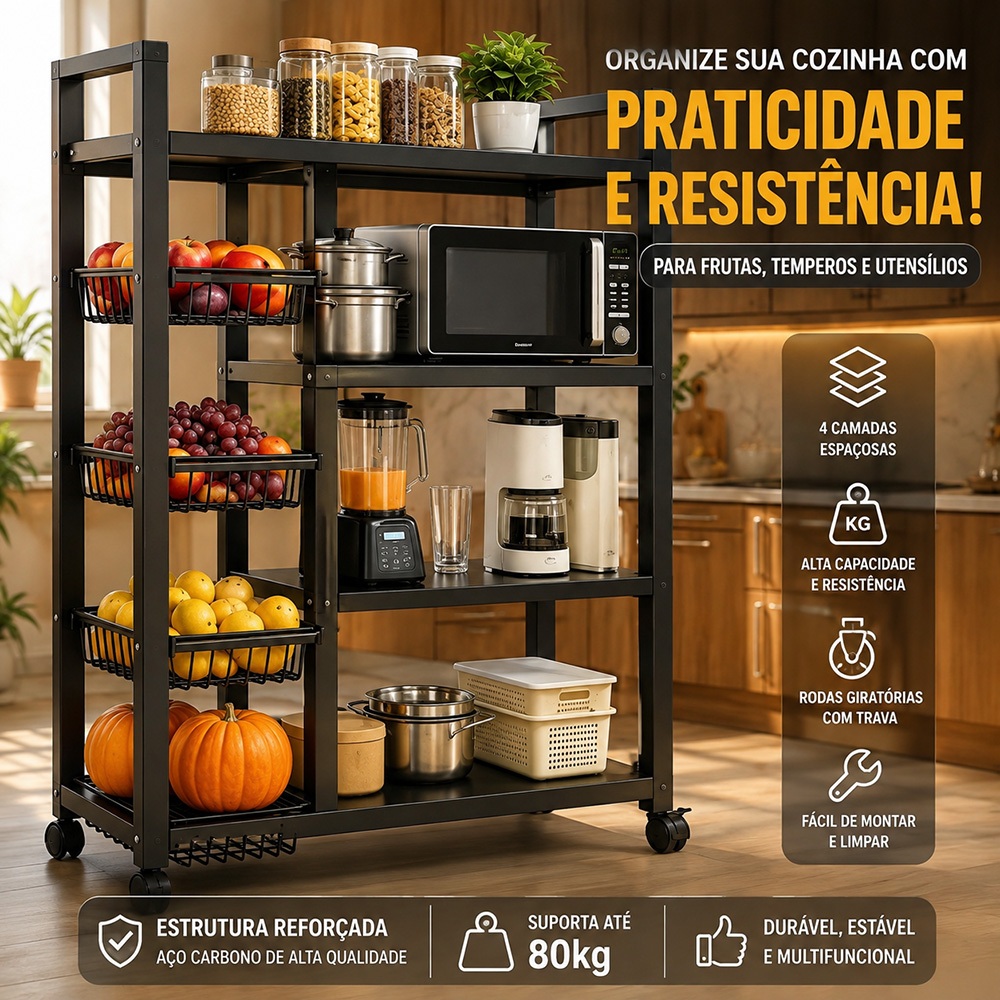 Carrinho Prateleira Organizador Fruteira 135x120x32 Com Rodinhas Multiuso 4 Andares para Cozinha