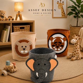 Cesto Organizador Feltro infantil Decorativo Multiuso Dobrável Brinquedo Roupa Feltro Animal Leão Tigre Elefante