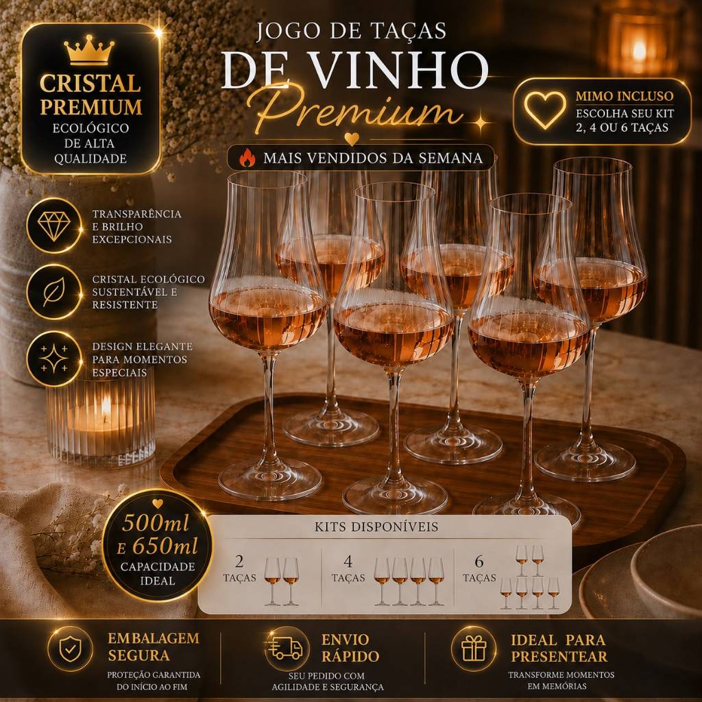 Jogo Taças de Vinho Transparente Cristal bohemia Conjunto 2 4 ou 6 Peças Iduna Optic 500ml 650ml Mesa Posta