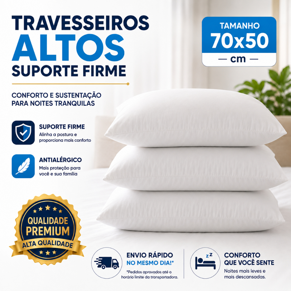 Kit  3 Travesseiros Premium Conforto e Luxo Suporte Firme e Alto Tecido 100% Algodão 50x70 Matelado