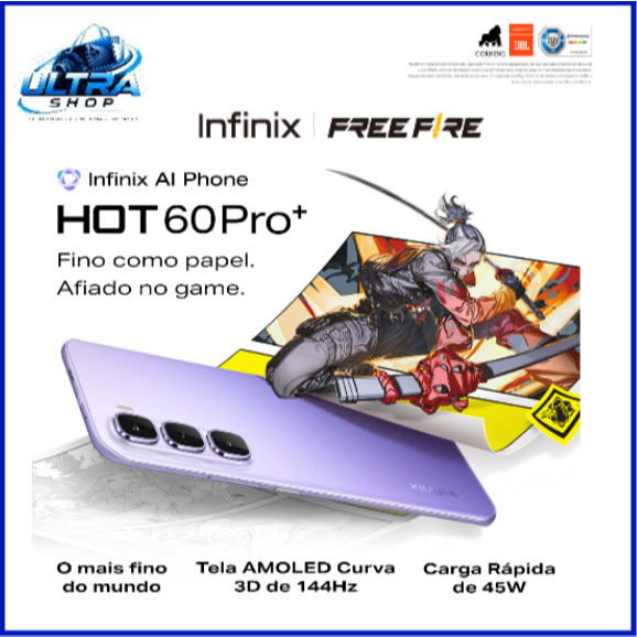 Smartphone Infinix Hot 60 Pro+ 4G 256GB Até 16GB RAM MediaTek Helio G200 Tela Curva 3D de 144 Hz Bateria 5160mAh NFC