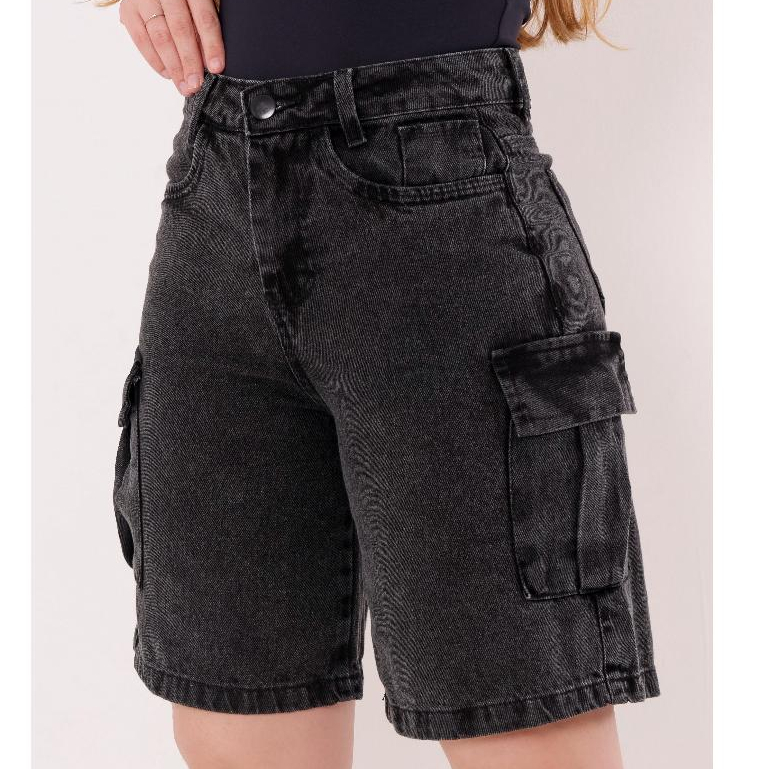 Bermuda Pedal Jeans Cargo Feminina Cintura Alta Short Moda Despojada Elagante