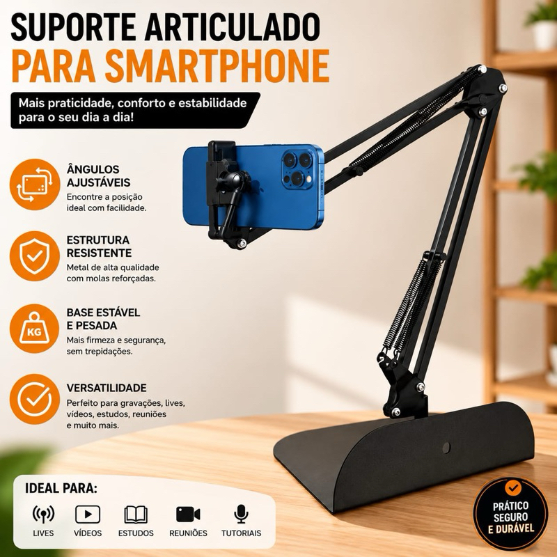 Suporte Articulado De Mesa Para Celular E Tablet Braço Articulado Resistente Profissional Gravação Lives Vídeos