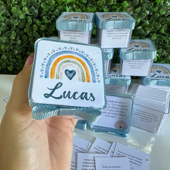 Kit Lembrancinha Caixinha Versículos Arco iris Menino Azul Personalizada Batizado Maternidade