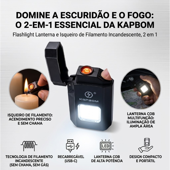 Lanterna KA-L4672 LED COB Recarregável USB-C Isqueiro Elétrico 2 em 1 Sem Chama Portátil para Camping Viagem Emergência