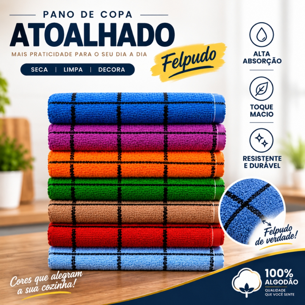 Kit Toalhas de Copa Atoalhado Felpudo Xadrez Macio 100% Algodão Casa