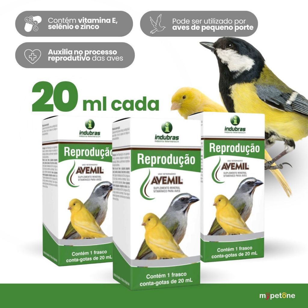 Kit 3 Avemil Reprodução 20ml Indubras Suplemento Vitamínico Pássaros e Aves