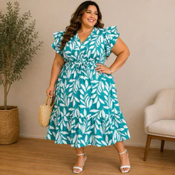 Vestido feminino midi plus size babado manga curta verão estampado moda evangélica elegante