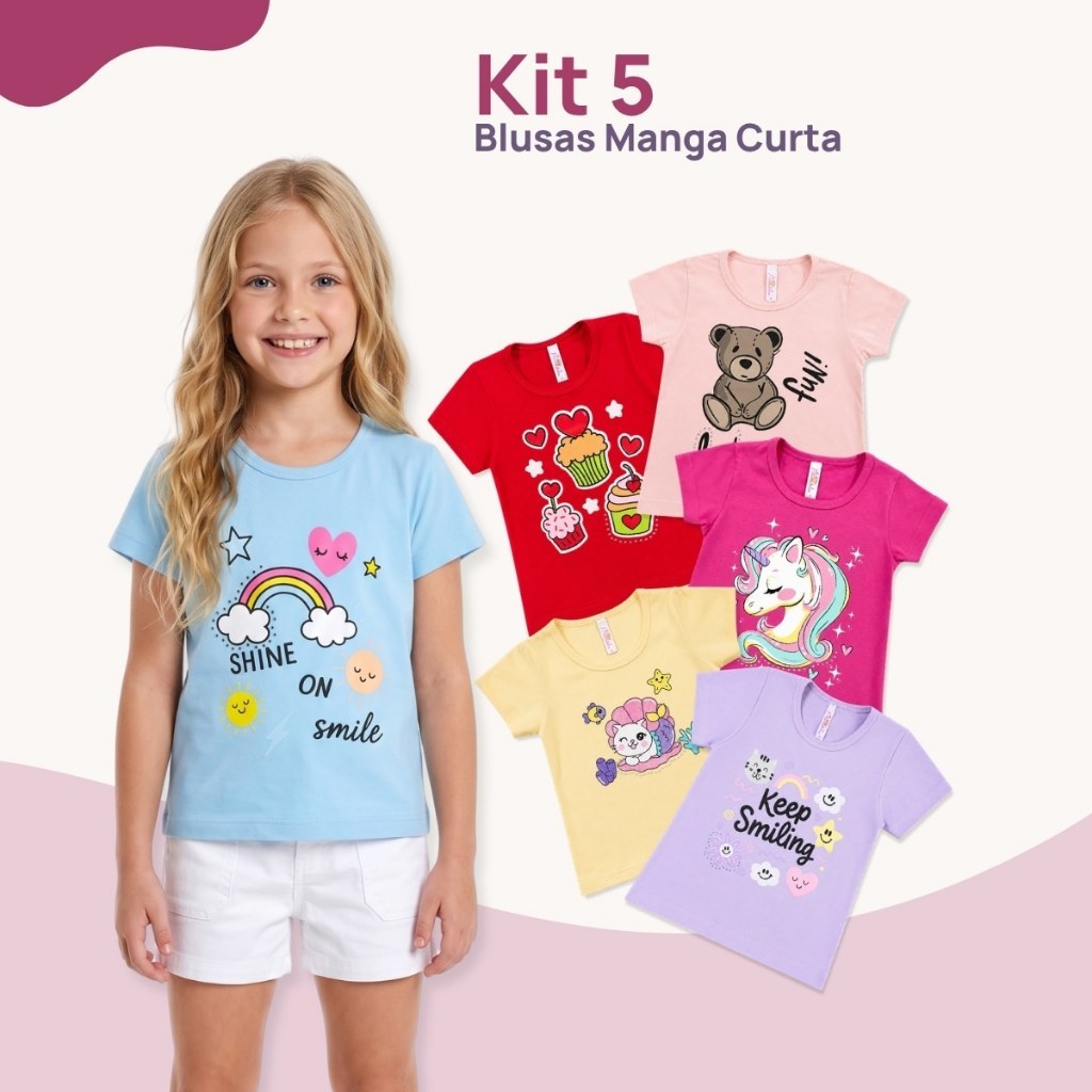 Kit 5 Blusa Manga Curta Feminina Roupa Infantil Menina Escolar Com Silk Pedraria Cores Sortidas