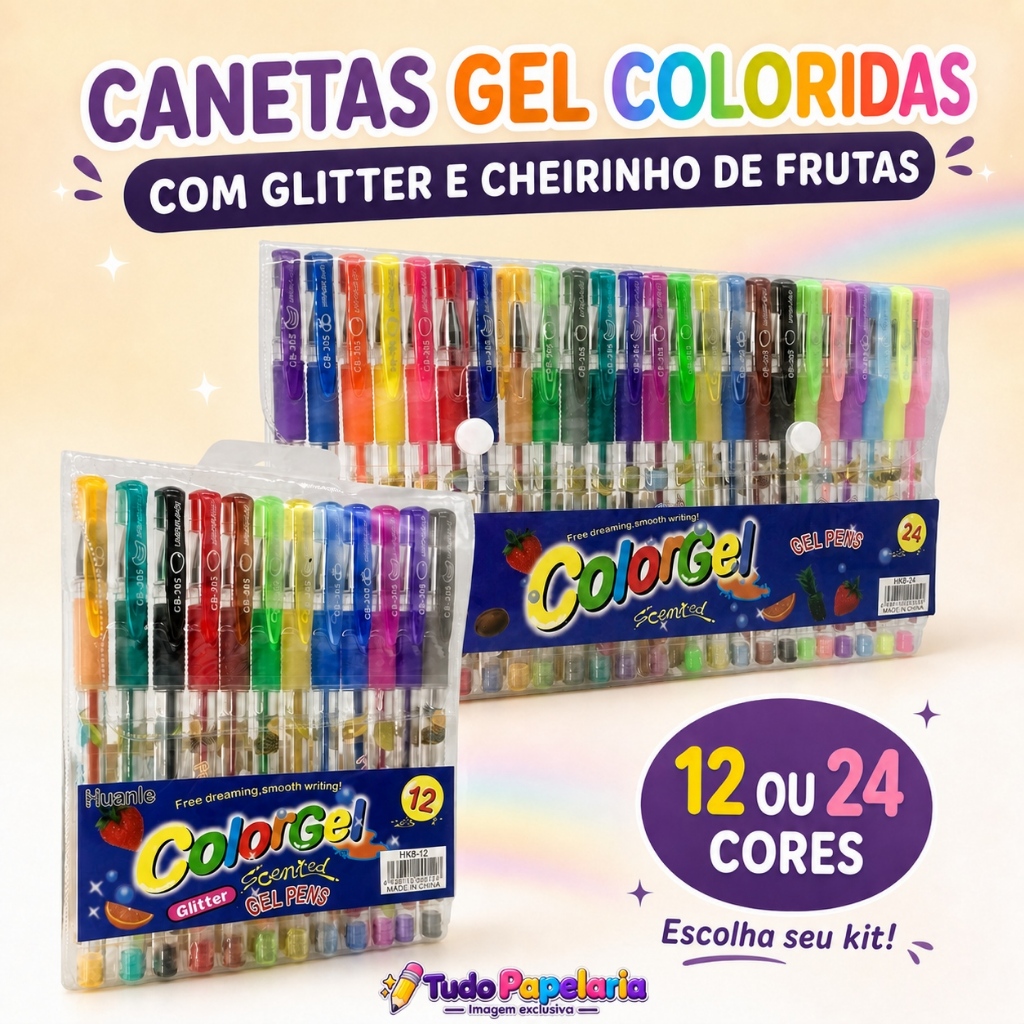 Kit Caneta Gel  12/24 Cores Colorida com Glitter e Cheirinho de Frutas para Desenho e Papelaria