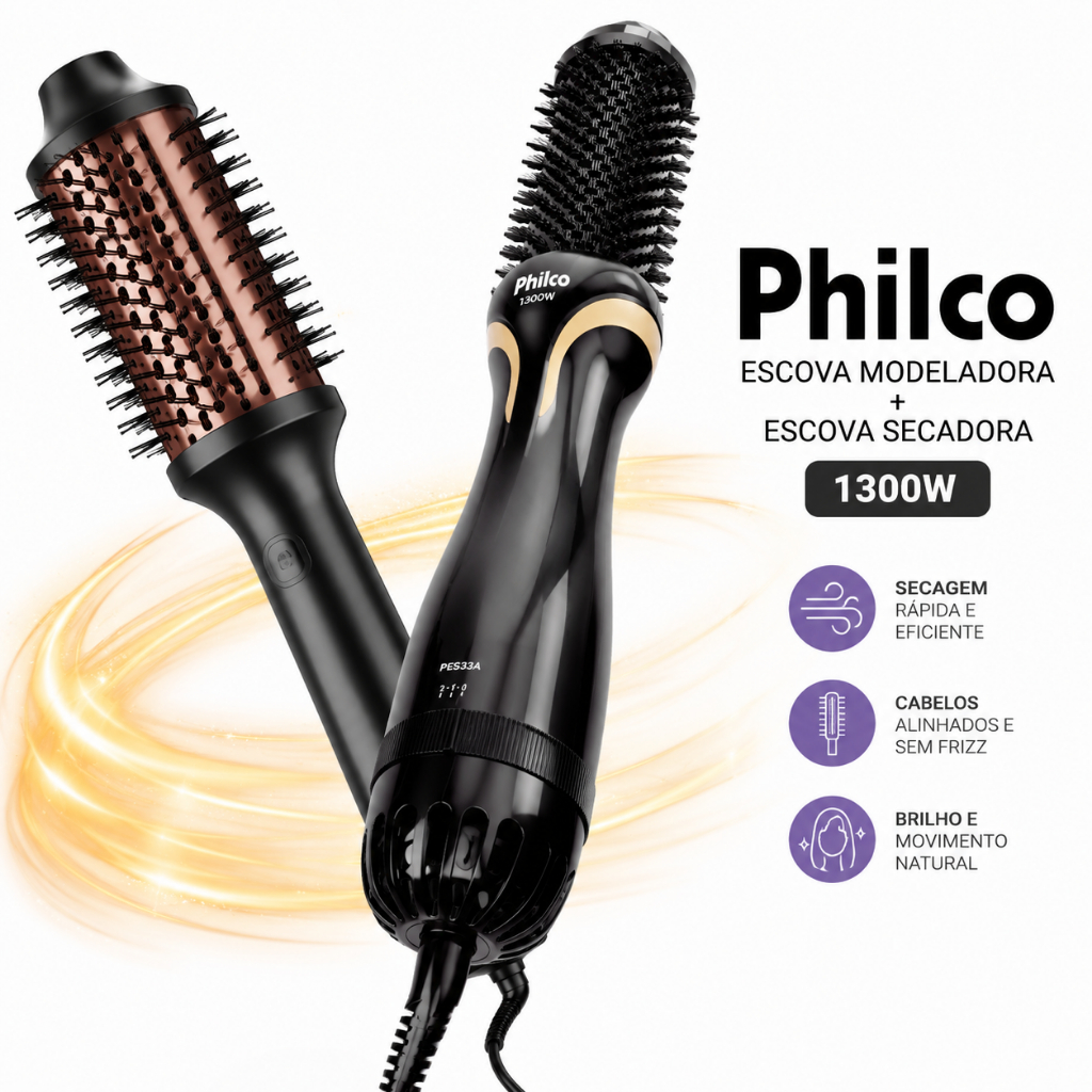 Kit Salão Profissional Philco Escova Secadora 1300W + Modeladora