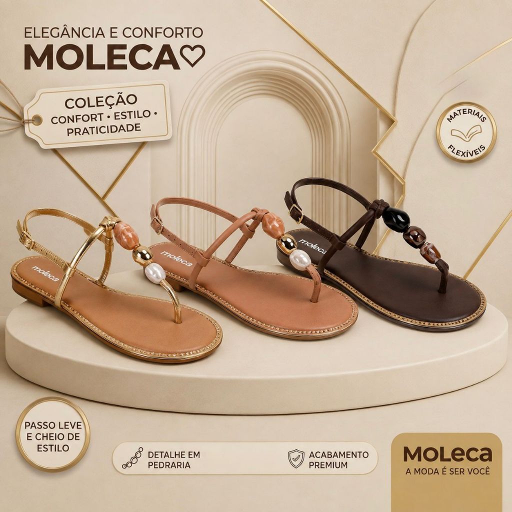 Sandália Moleca Feminina Rasteira Pedra Dedo Borda Dourado Confortável Leve Original
