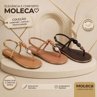 Sandália Moleca Feminina Rasteira Pedra Dedo Borda Dourado Confortável Leve Original