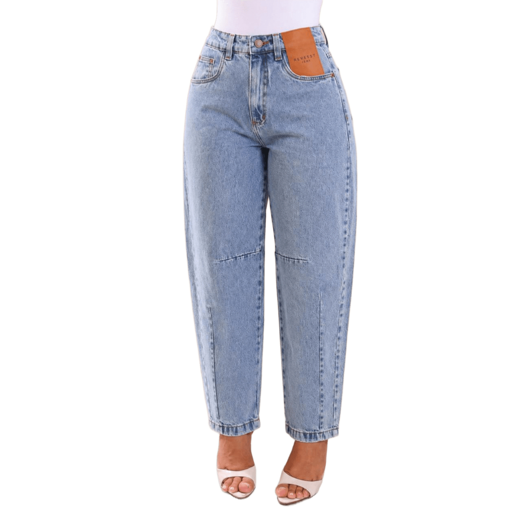Calça Barrel Jeans Feminino Sem Lycra, Cintura Alta Detalhe Barra Tradicional, Revesst Jeans