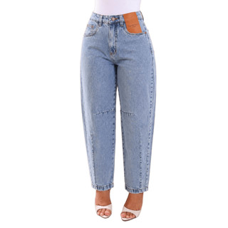 Calça Barrel Jeans Feminino Sem Lycra, Cintura Alta Detalhe Barra Tradicional, Revesst Jeans