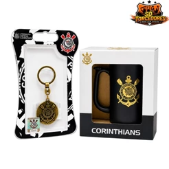 Kit Presente Corinthians Oficial | Caneca Preta + Chaveiro Dourado - Ouro Velho Licenciado