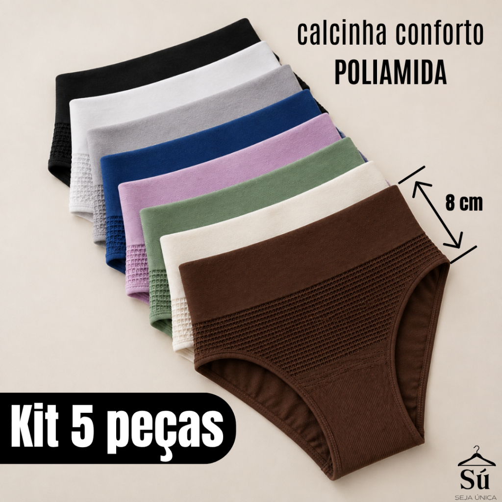 Kit 5 Calcinhas Femininas Cós Alto Duplo Poliamida Premium Confortável Modeladora Não Marca