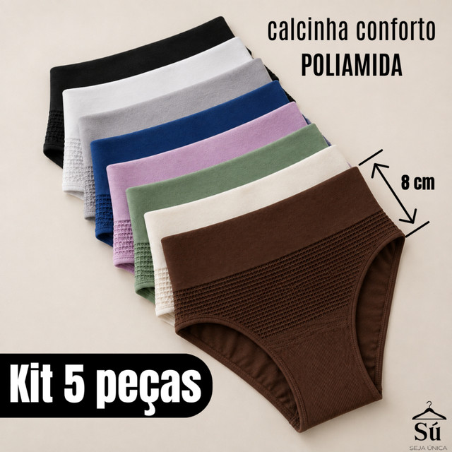 Kit 5 Calcinhas Femininas Cós Alto Duplo Poliamida Premium Confortável Modeladora Não Marca