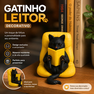 Suporte de Livros Gato Leitor 3D Bibliocanto Criativo  Decoração Geek para Estante Prateleira