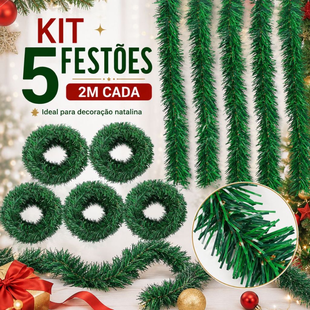 Festão Decoração De Natal Realista 10 Metros Cheio Grosso e Flexível Verde Varal Natalino 05 Peças 2m x 9cm