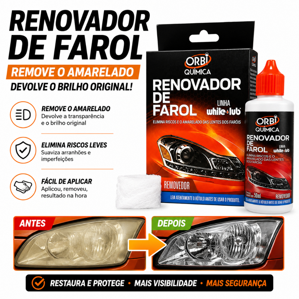 Renovador de Farol Orbi Tira Amarelado  e Aspecto Fosco  Revitalizador 50ml + Estopa