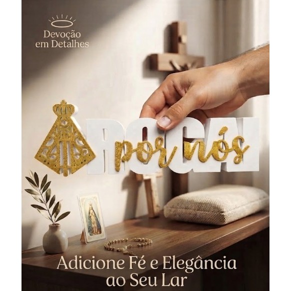Placa Decorativa Nossa Senhora Aparecida "Rogai Por Nós" | Enfeite Religioso Minimalista para Mesa, Estante e Altar
