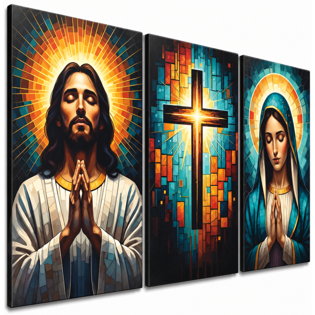 Kit 3 Quadros Decorativos Religiosos Jesus Nossa Senhora Cruz Cristã Estilo Vitral para Sala Quarto e Igreja