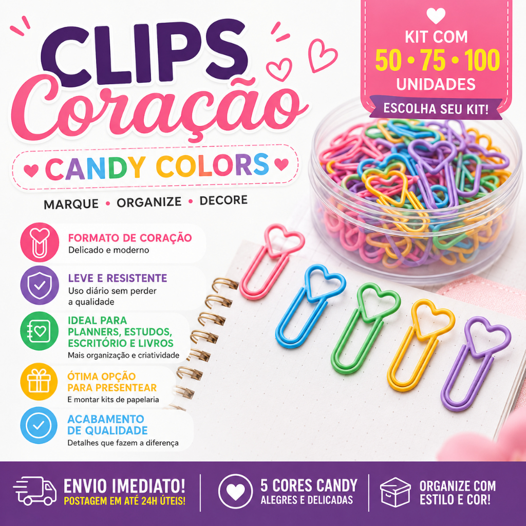 Kit Clips Coração Colorido Candy Marcador Página Planner Agenda Livro Papelaria Material Escolar Escritório 50 75 100 Un