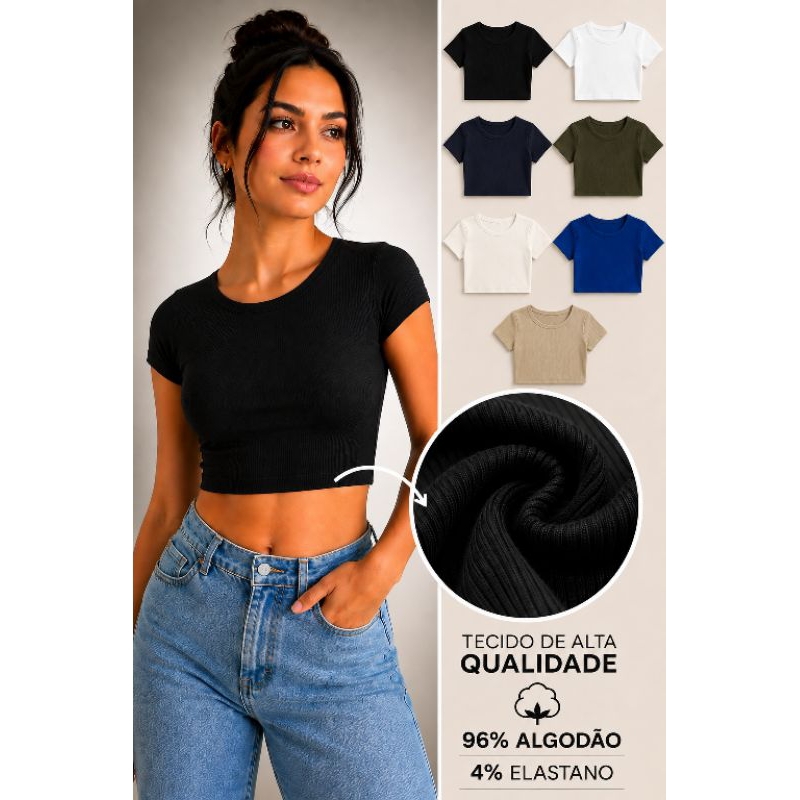 Cropped Feminino canelado Ribana Manga Curta blusa básica gola redonda juntinho casual