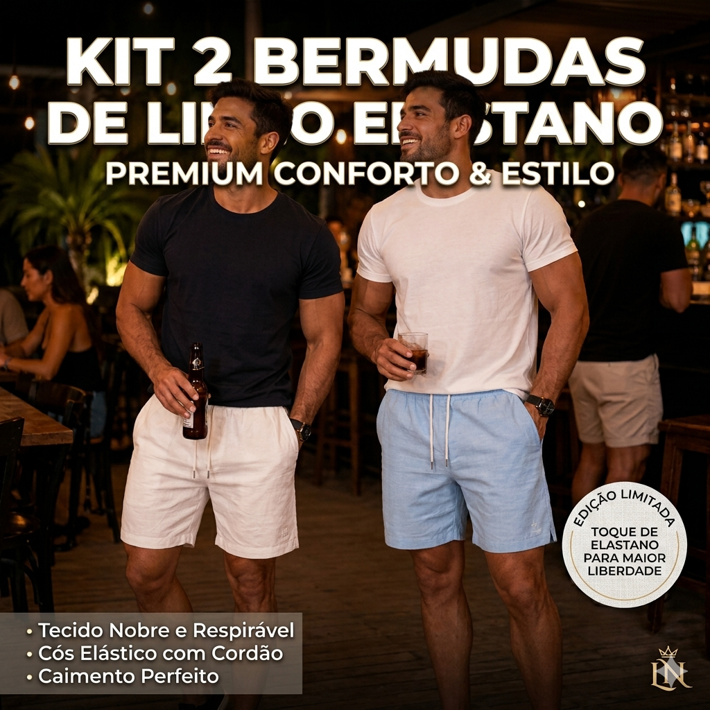 Kit 2 Bermudas Masculinas Linho Elastano Praiana Confortável Verão — CML's Achei Comprei