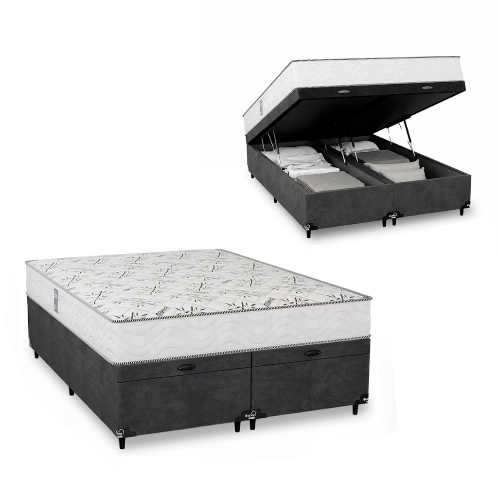Cama Box Baú Casal Bipartido Suede Cinza + Colchão D33 One Face Branco- e-Shop Casa
