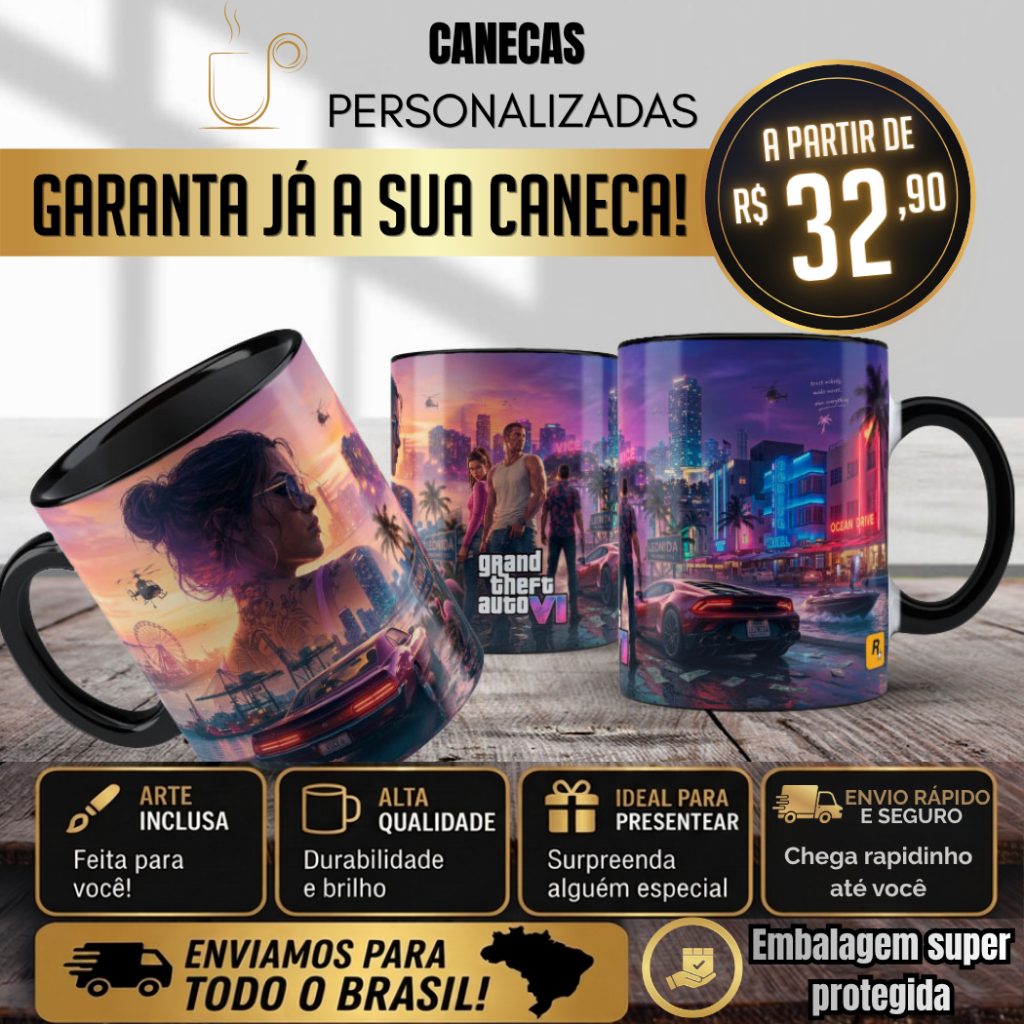 Caneca Gamer GTA VI - Vice City & Protagonistas (Lucia e Jason) GTA