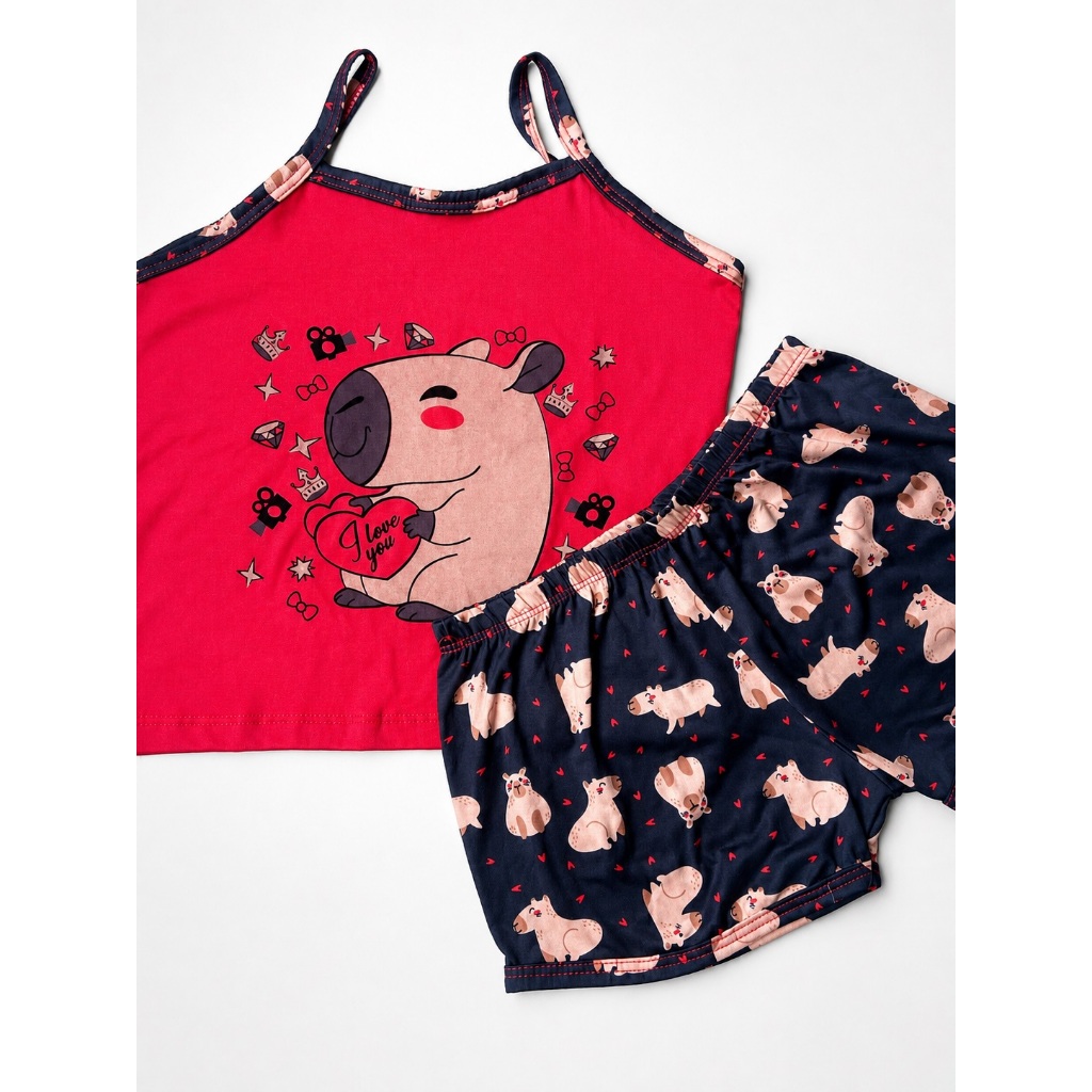 Pijama Infantil Feminino Short Doll Capivara Regata de Alcinha com Shorts Estampado Conjunto Confortável