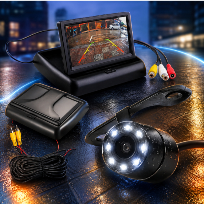 Kit Câmera de ré visão noturna + Tela monitor retrátil 4.3 polegadas estacionamento