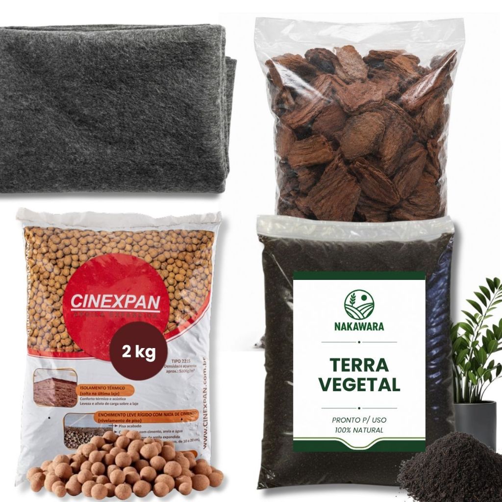 Kit Montagem de Vasos Terra Vegetal 5kg Argila Expandida 2kg Manta 50x50 Casca Pinus 10L Jardim