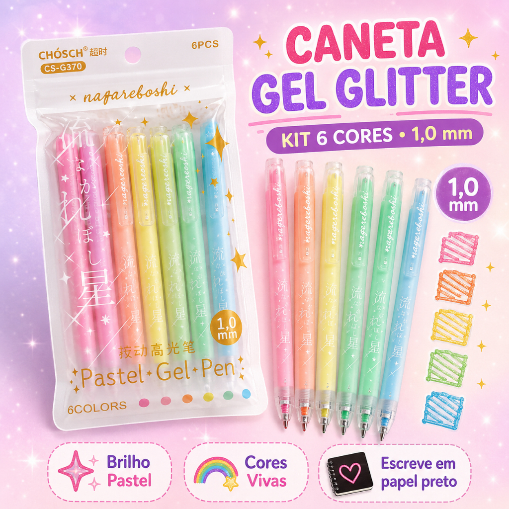 Kit 6 Caneta Glitter Gel Pastel Ponta 1.0mm Escrita Suave e Marcante Material Escolar Kwaii