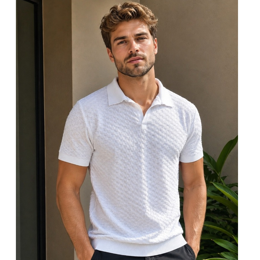 Camiseta Masculina Tricot Elegante Gola Polo Canelada Básica Manga Curta Tricô Moda Verão