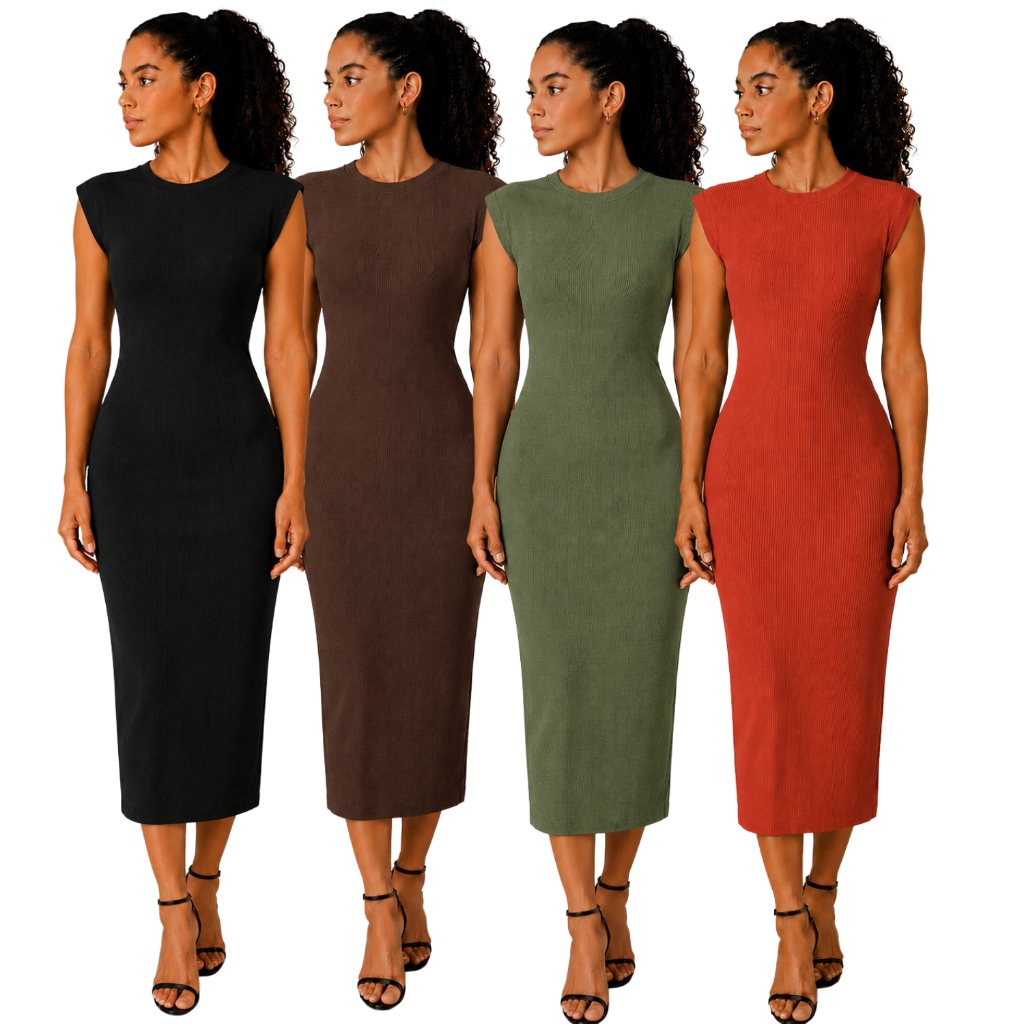 KIT 4 Vestidos Midi Feminino Canelado Justo com Ombreira Modelagem Elegante Confortável P ao GG