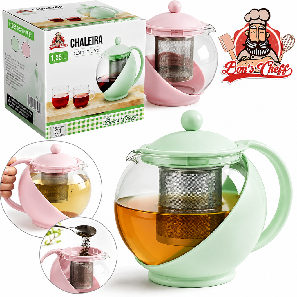 Jarra Infusora Chaleira Bule de Vidro Com Coador de Chá 1250ML