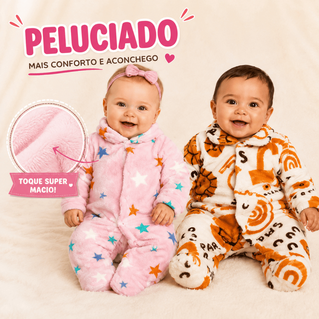 Macacão Bebê Soft Fleece Sortido Menina Menino Estampado Quentinho Inverno Vira-pé Tamanho P M G Enxoval Peluciado