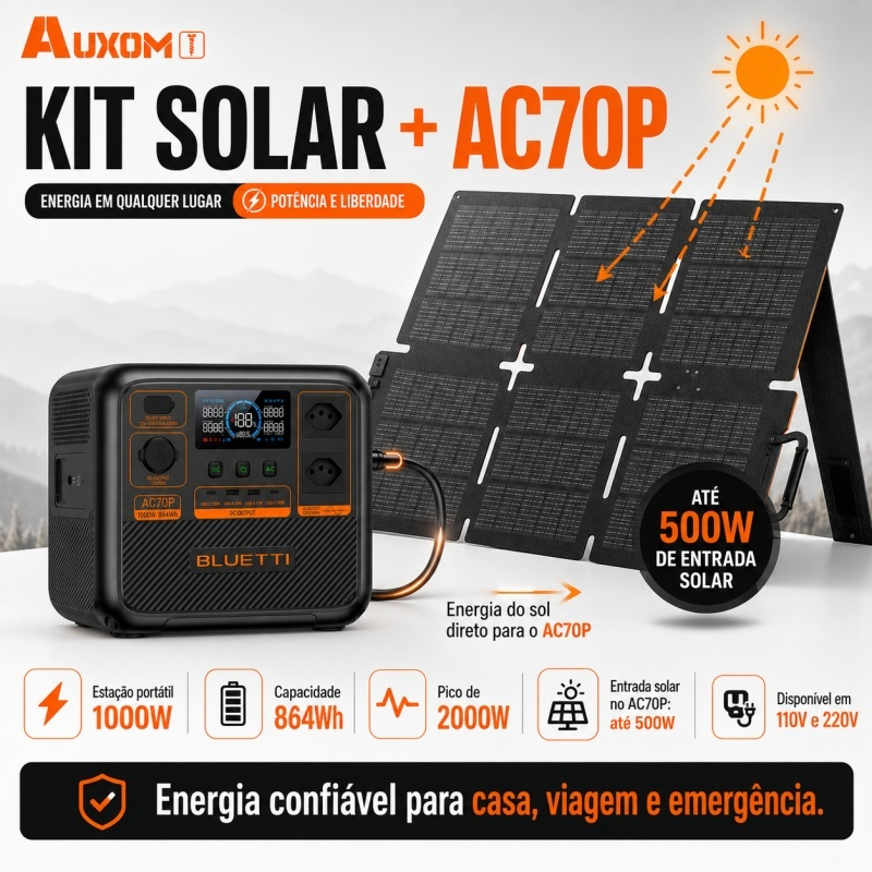Kit Painel Solar BLUETTI SORA 130W + Estação AC70P 1000W 864Wh, Carregamento Turbo, Energia Solar Portátil para Camping