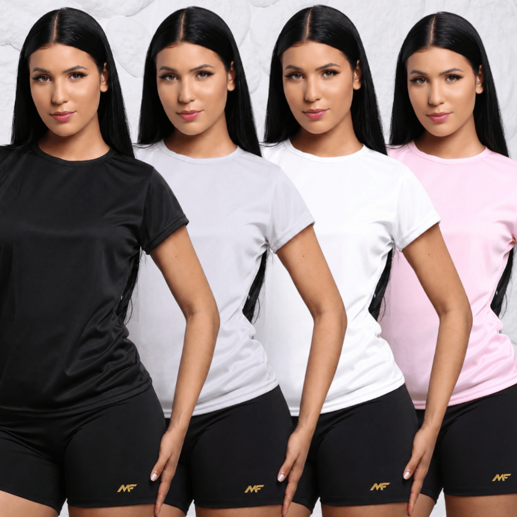 Kit 4 Camisetas Feminina Mulher Dry Fit Tecnologia Academia Treino Corrida Esportes Caminhada Poliéster Não encolhe