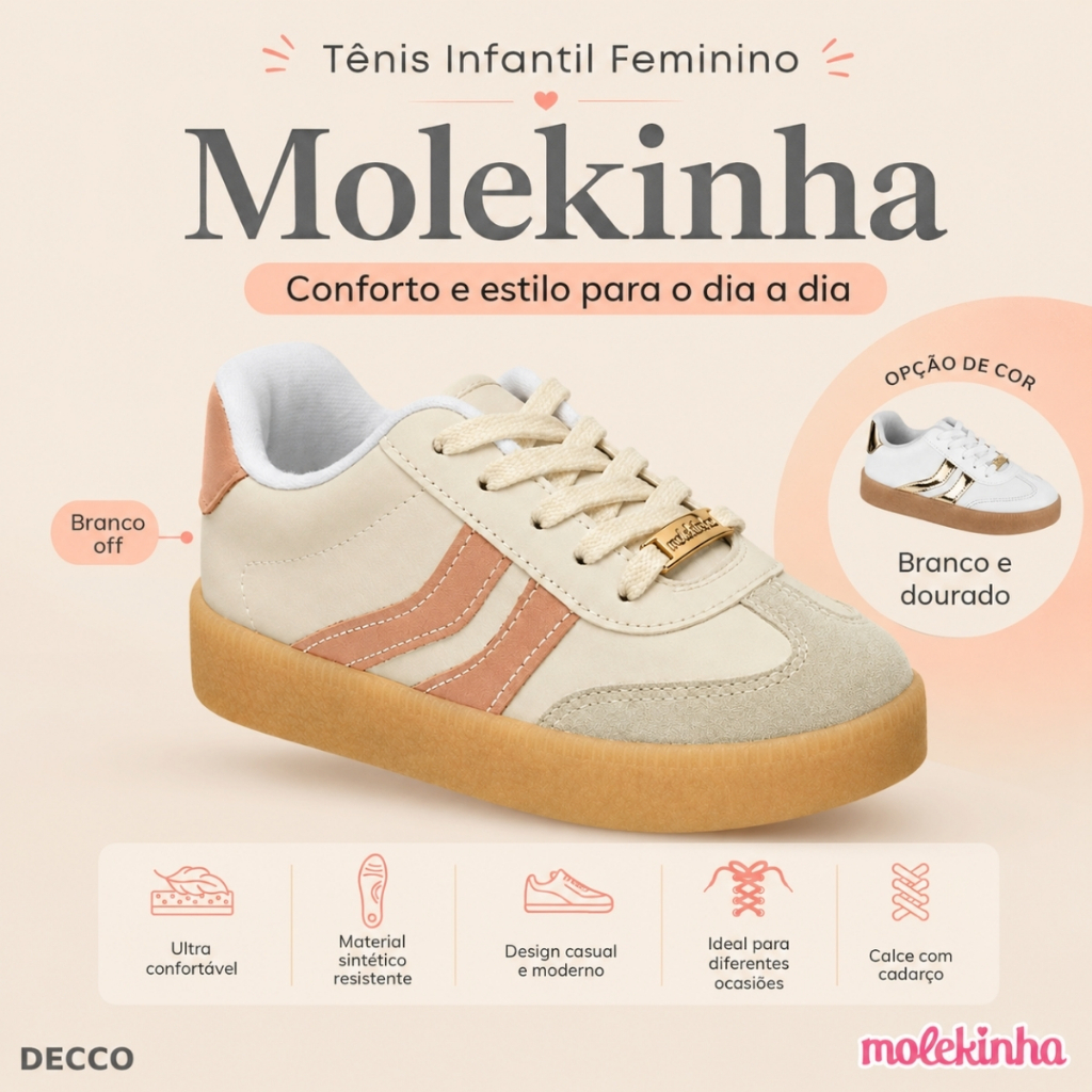 Tênis Infantil Molekinha Menina Casual Confortável Moderno